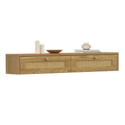 Etagère murale console d'entrée 2 tiroirs effet naturel cannage