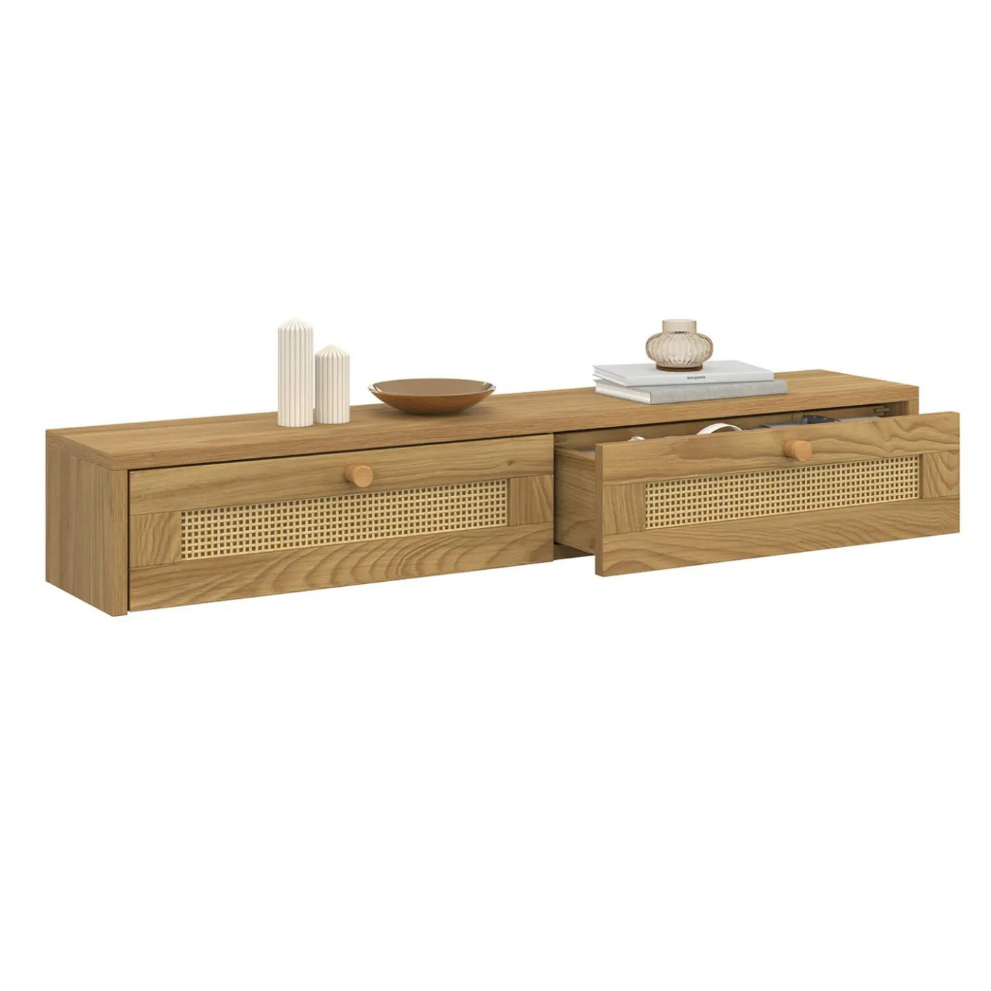 Etagère murale console d'entrée 2 tiroirs effet naturel cannage