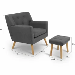 Fauteuil avec repose pieds en tissu gris anthracite style scandinave