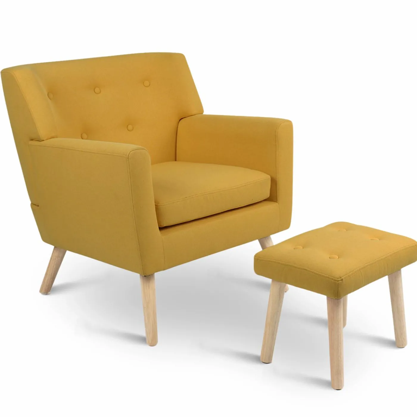 Fauteuil avec repose pieds en tissu jaune style scandinave