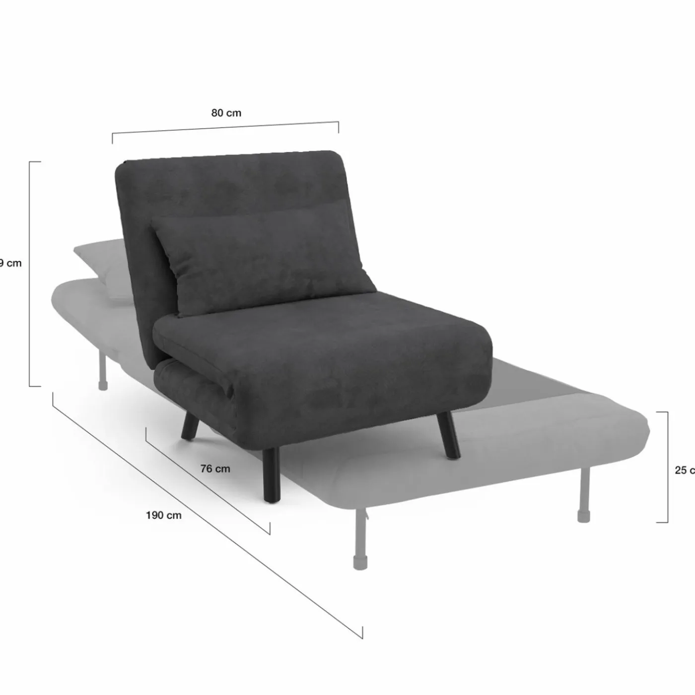 Fauteuil convertible en lit 1 place velours gris anthracite