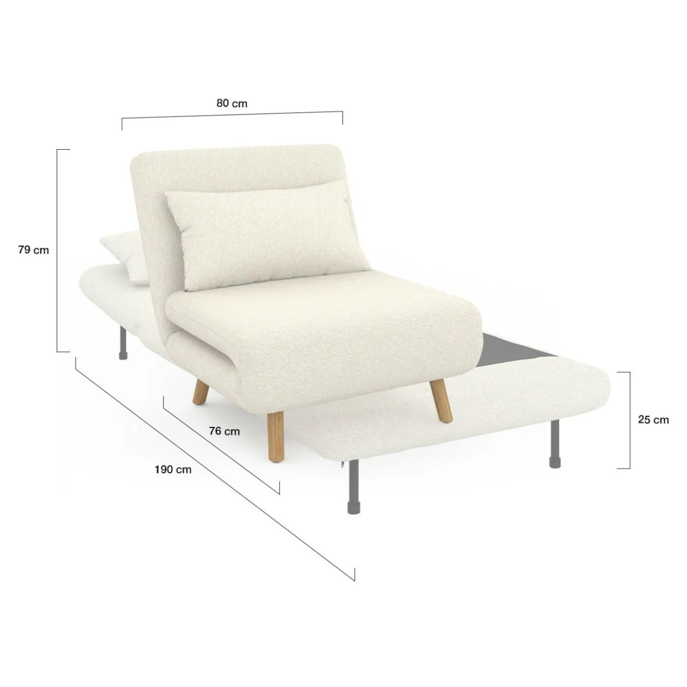 Fauteuil convertible en lit d'appoint 1 place 80x190 cm bouclette blanc