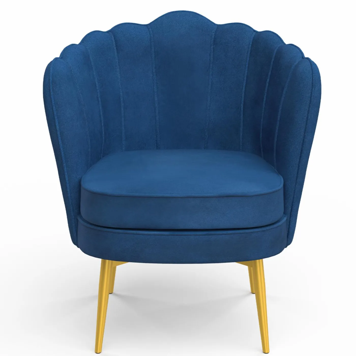 Fauteuil coquillage en velours bleu nuit avec pieds dorés