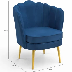 Fauteuil coquillage en velours bleu nuit avec pieds dorés