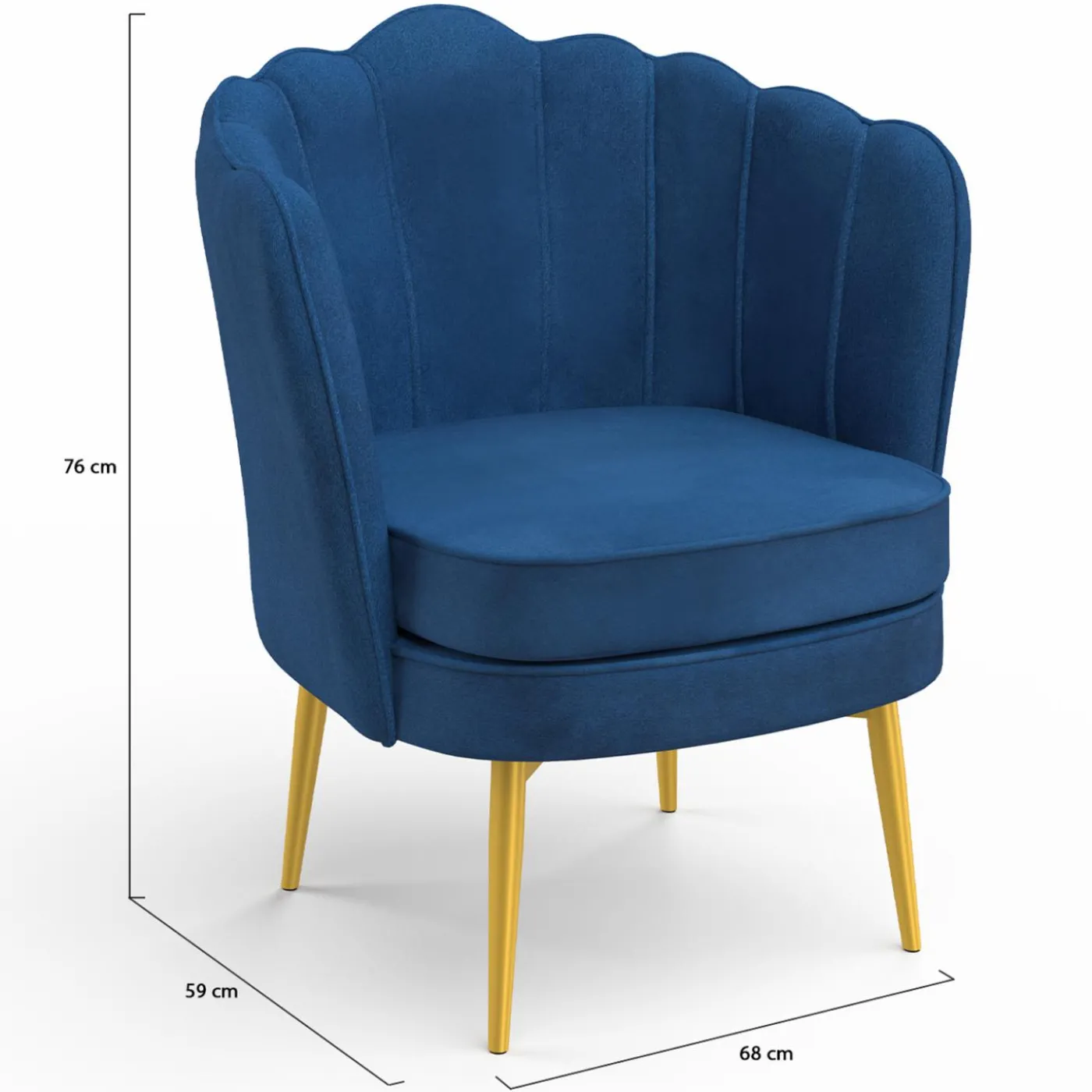 Fauteuil coquillage en velours bleu nuit avec pieds dorés