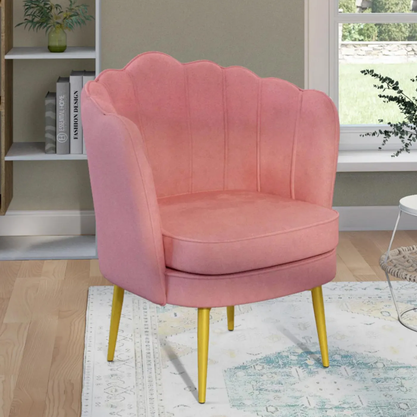 Fauteuil coquillage rose en velours pieds dorés