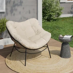 Fauteuil de jardin relax avec coussin écru effet rotin