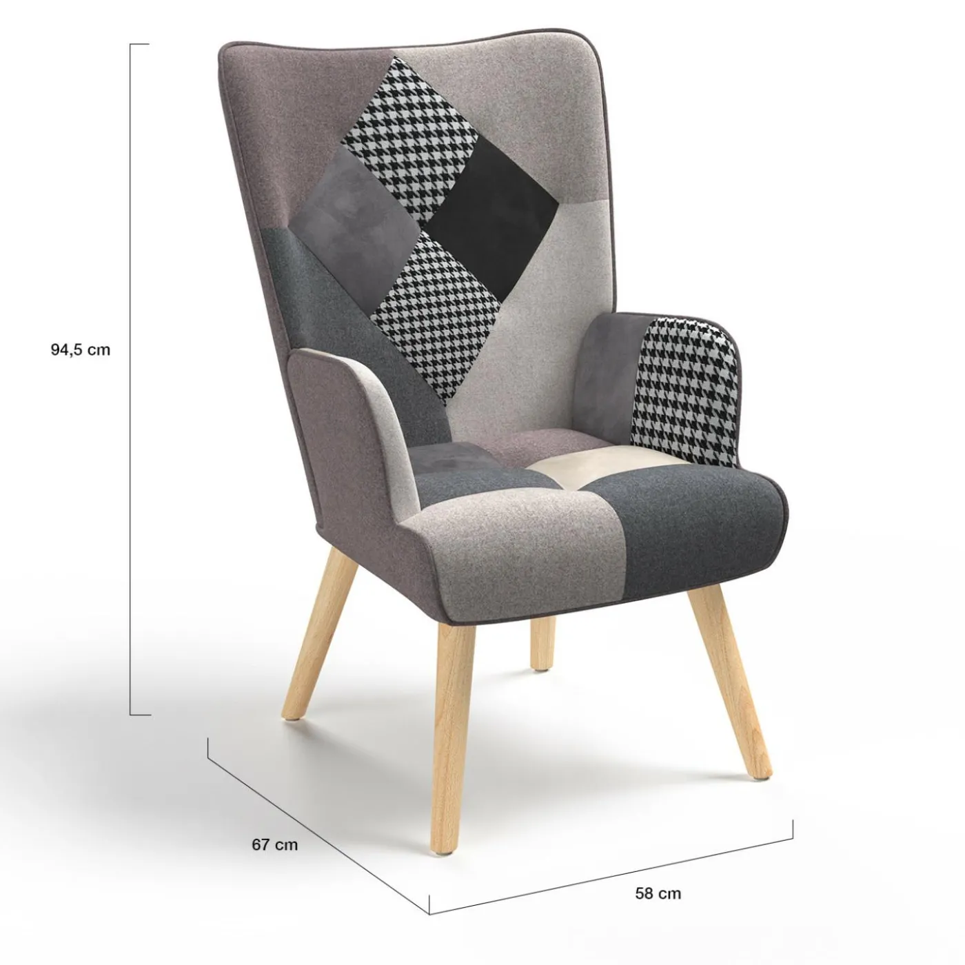 Fauteuil en tissu gris, blanc et noir style scandinave
