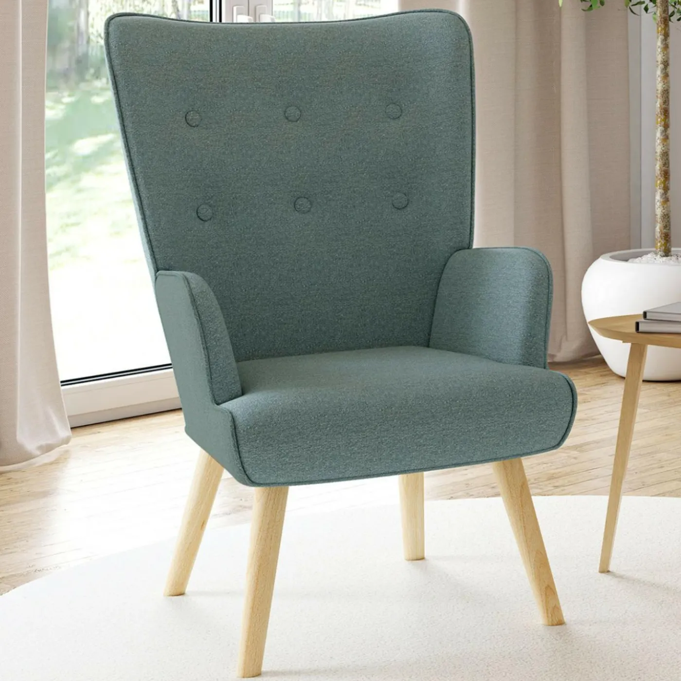 Fauteuil en tissu vert eucalyptus scandinave