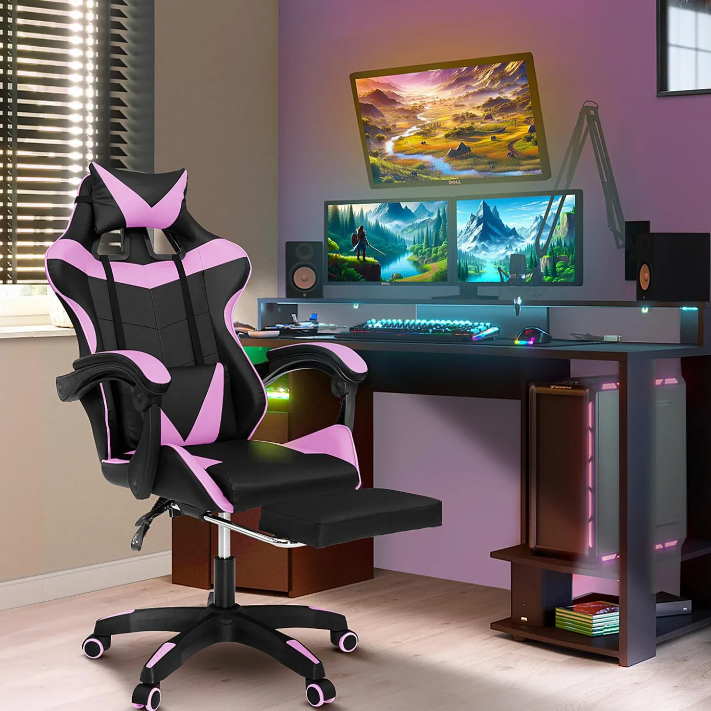 Fauteuil gamer noir et rose avec repose-pied + coussin tête et lombaire