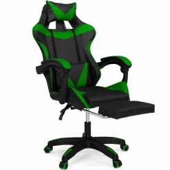 Fauteuil gamer réglable et inclinable avec repose pied et coussins noir et vert