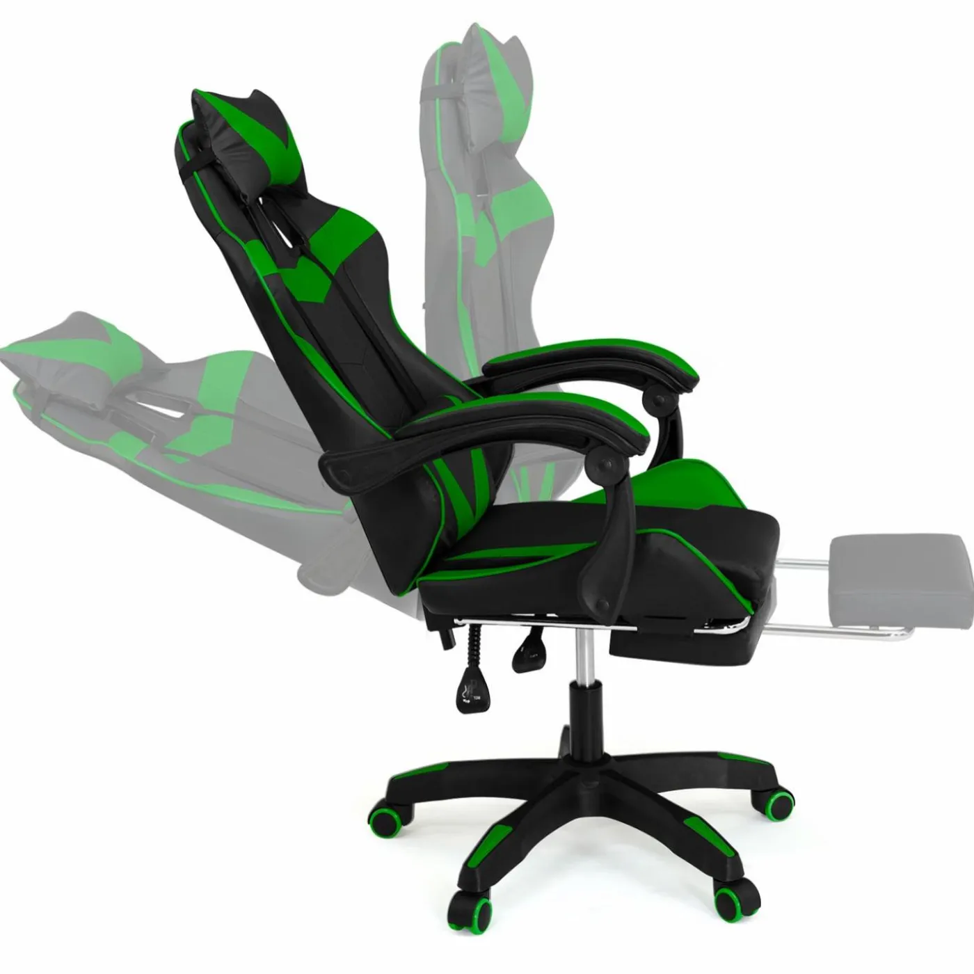 Fauteuil gamer réglable et inclinable avec repose pied et coussins noir et vert