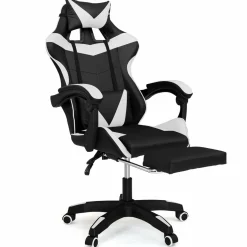 Fauteuil gamer réglable et inclinable avec repose-pied et coussins noir et blanc