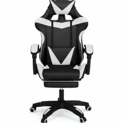 Fauteuil gamer réglable et inclinable avec repose-pied et coussins noir et blanc
