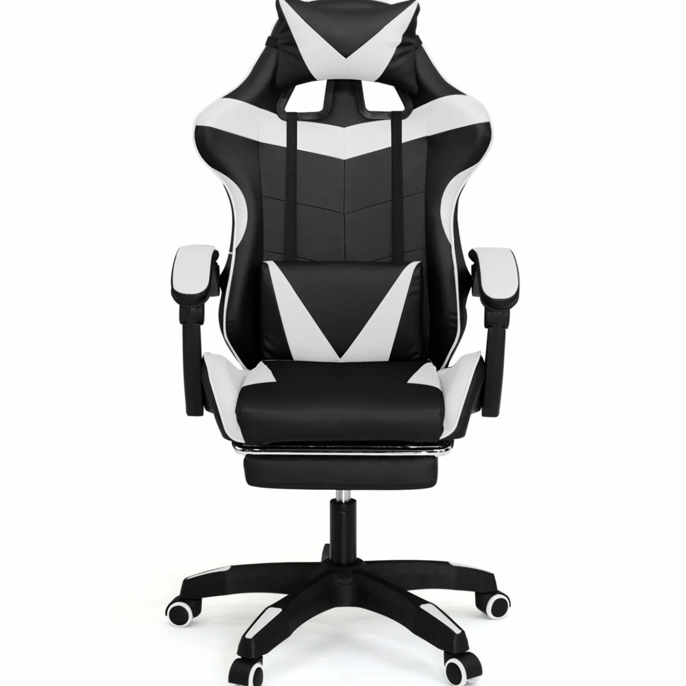 Fauteuil gamer réglable et inclinable avec repose-pied et coussins noir et blanc