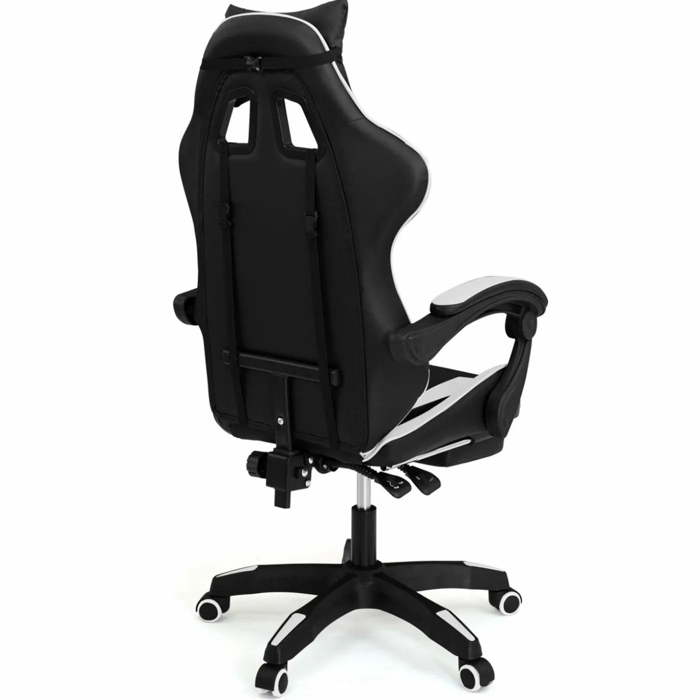 Fauteuil gamer réglable et inclinable avec repose-pied et coussins noir et blanc