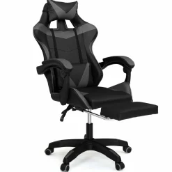 Fauteuil gamer réglable et inclinable avec repose-pied et coussins noir et gris