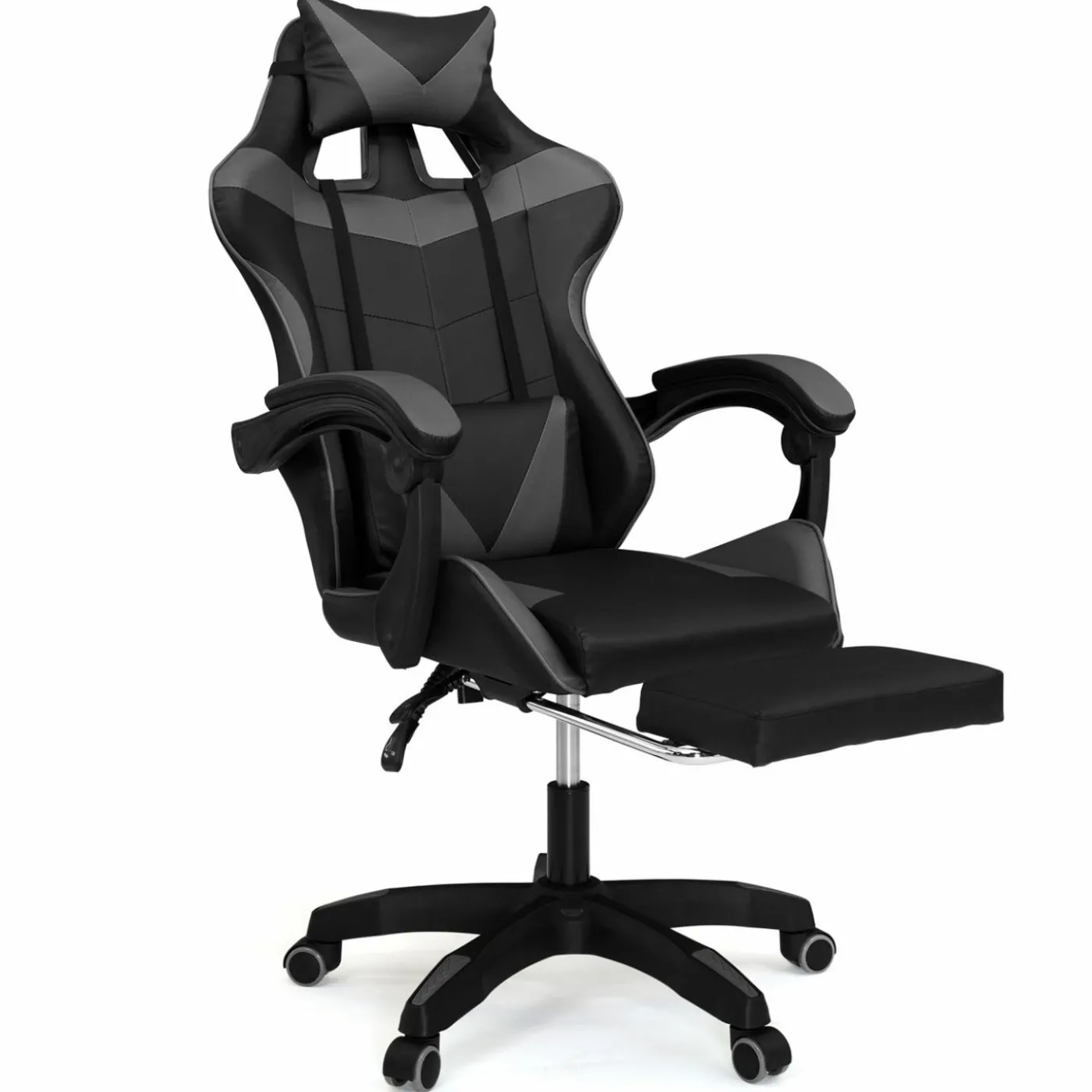 Fauteuil gamer réglable et inclinable avec repose-pied et coussins noir et gris