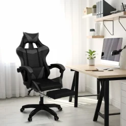 Fauteuil gamer réglable et inclinable avec repose-pied et coussins noir et gris