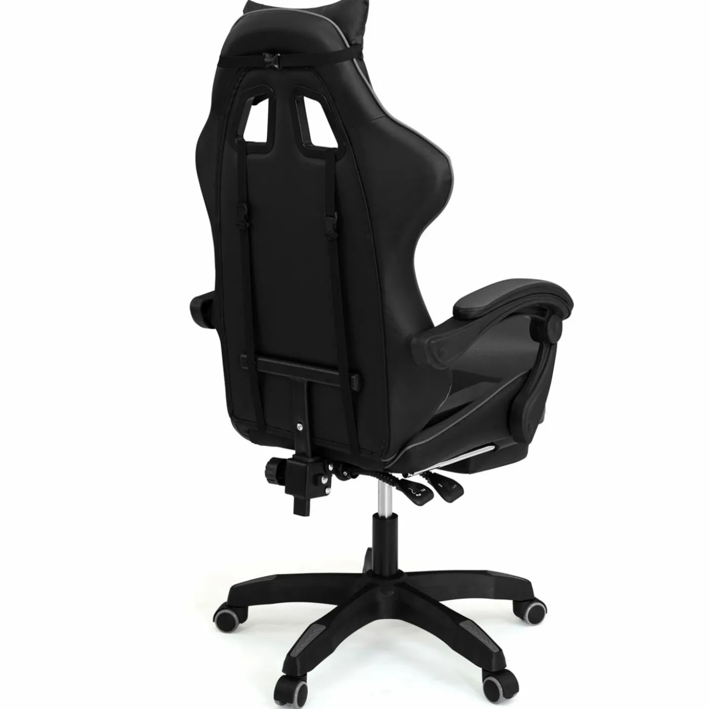Fauteuil gamer réglable et inclinable avec repose-pied et coussins noir et gris