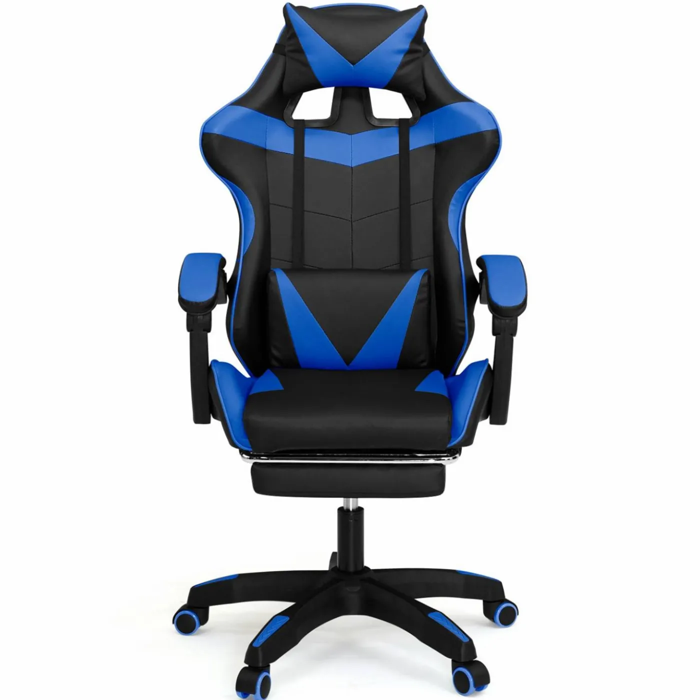Fauteuil gamer réglable et inclinable avec repose-pied et coussins noir et bleu