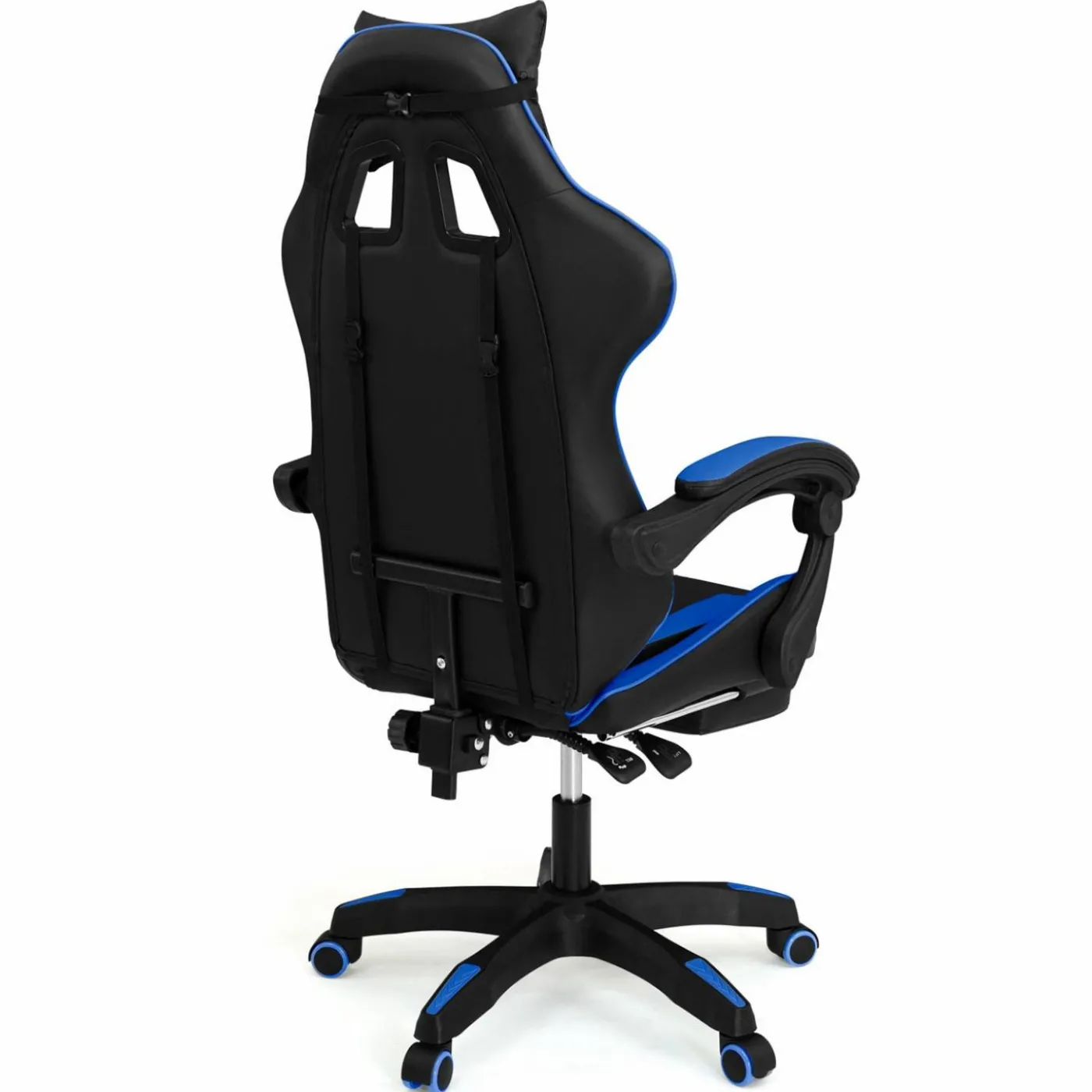 Fauteuil gamer réglable et inclinable avec repose-pied et coussins noir et bleu