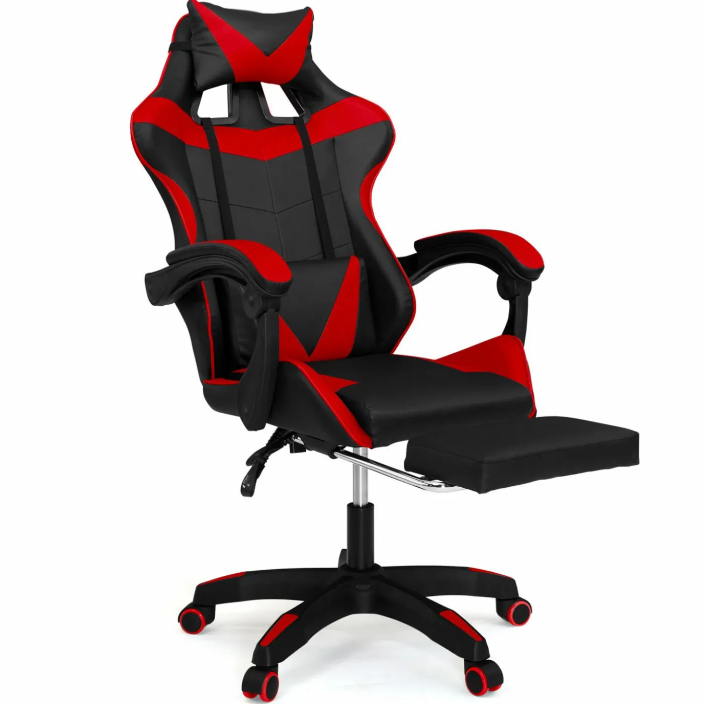 Fauteuil gamer réglable et inclinable avec repose pied et coussins noir et rouge