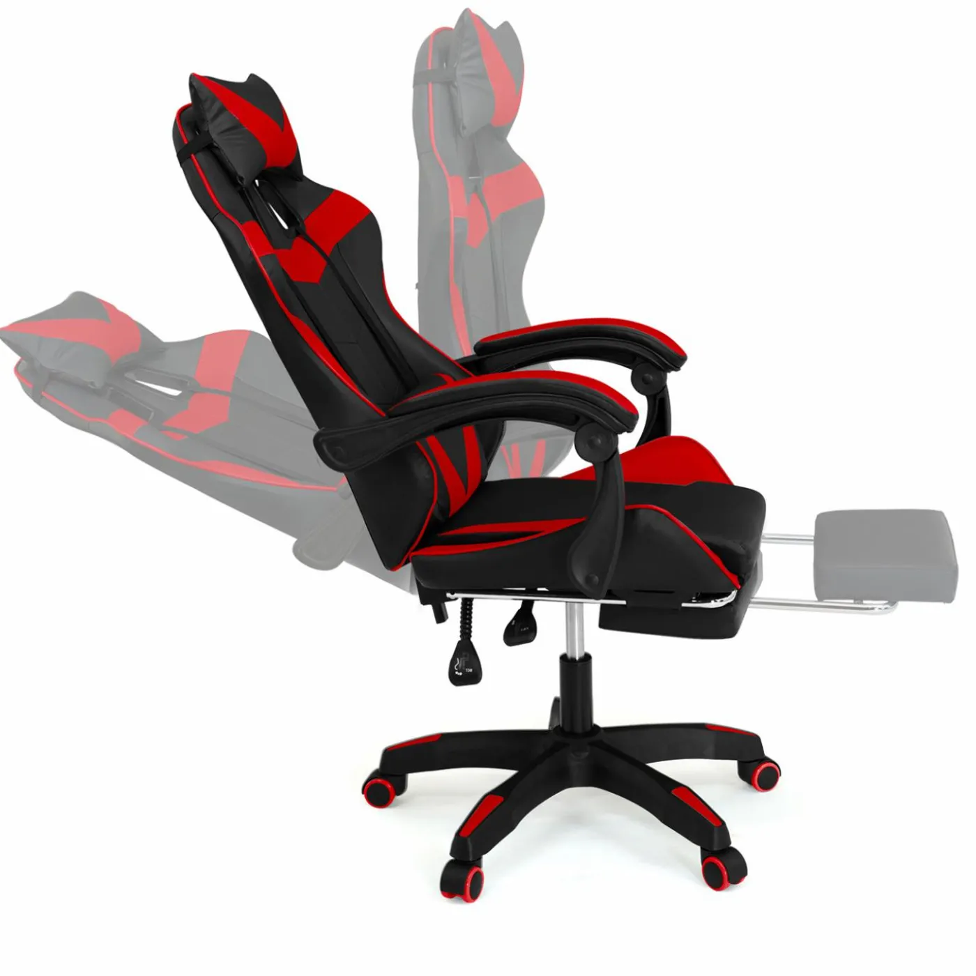 Fauteuil gamer réglable et inclinable avec repose pied et coussins noir et rouge