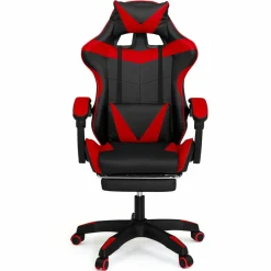 Fauteuil gamer réglable et inclinable avec repose pied et coussins noir et rouge