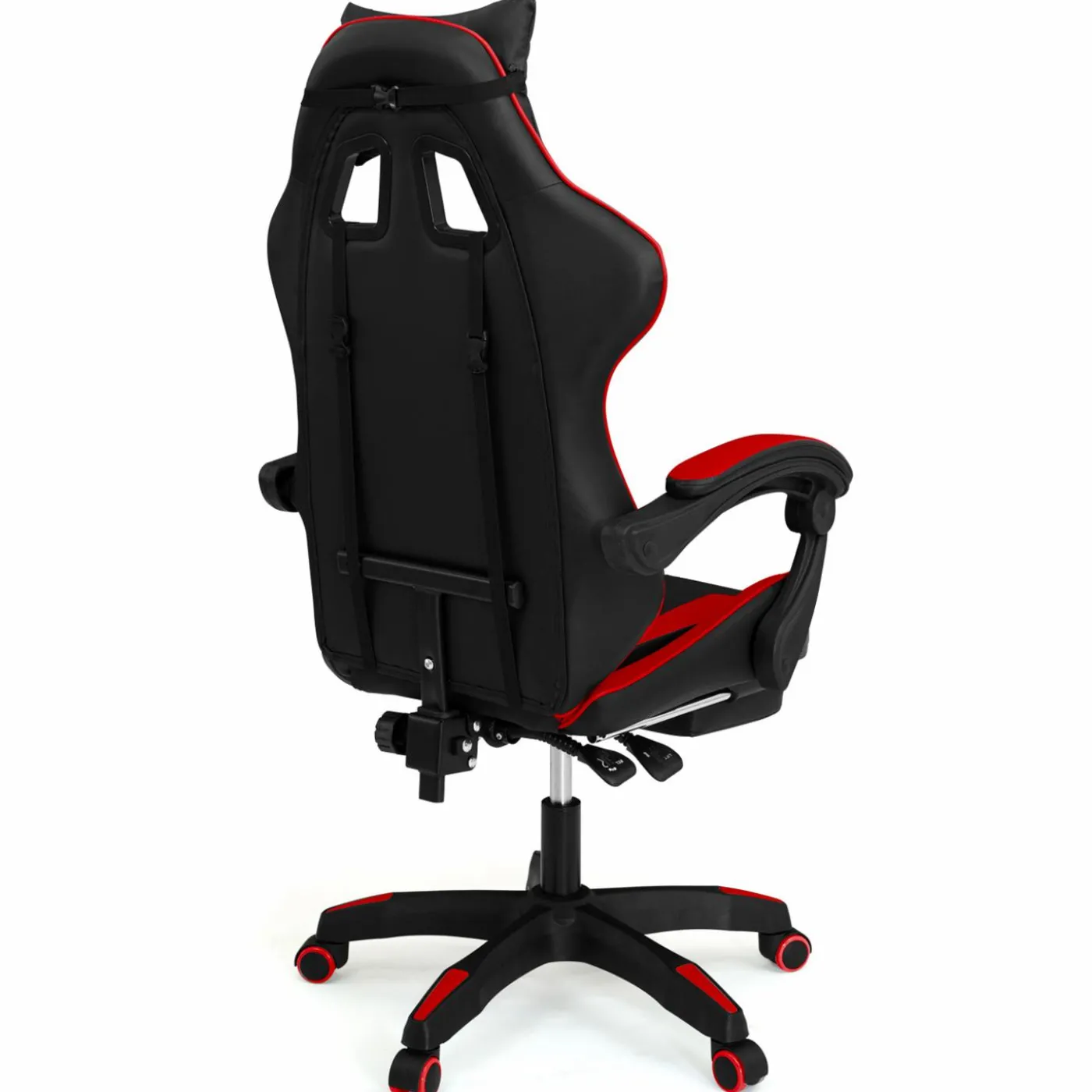 Fauteuil gamer réglable et inclinable avec repose pied et coussins noir et rouge