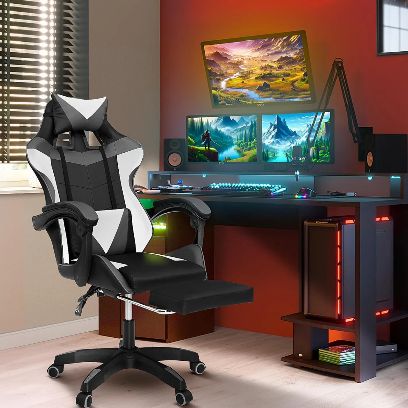 Fauteuil gamer réglable, inclinable avec repose-pied et coussins noir, blanc et gris
