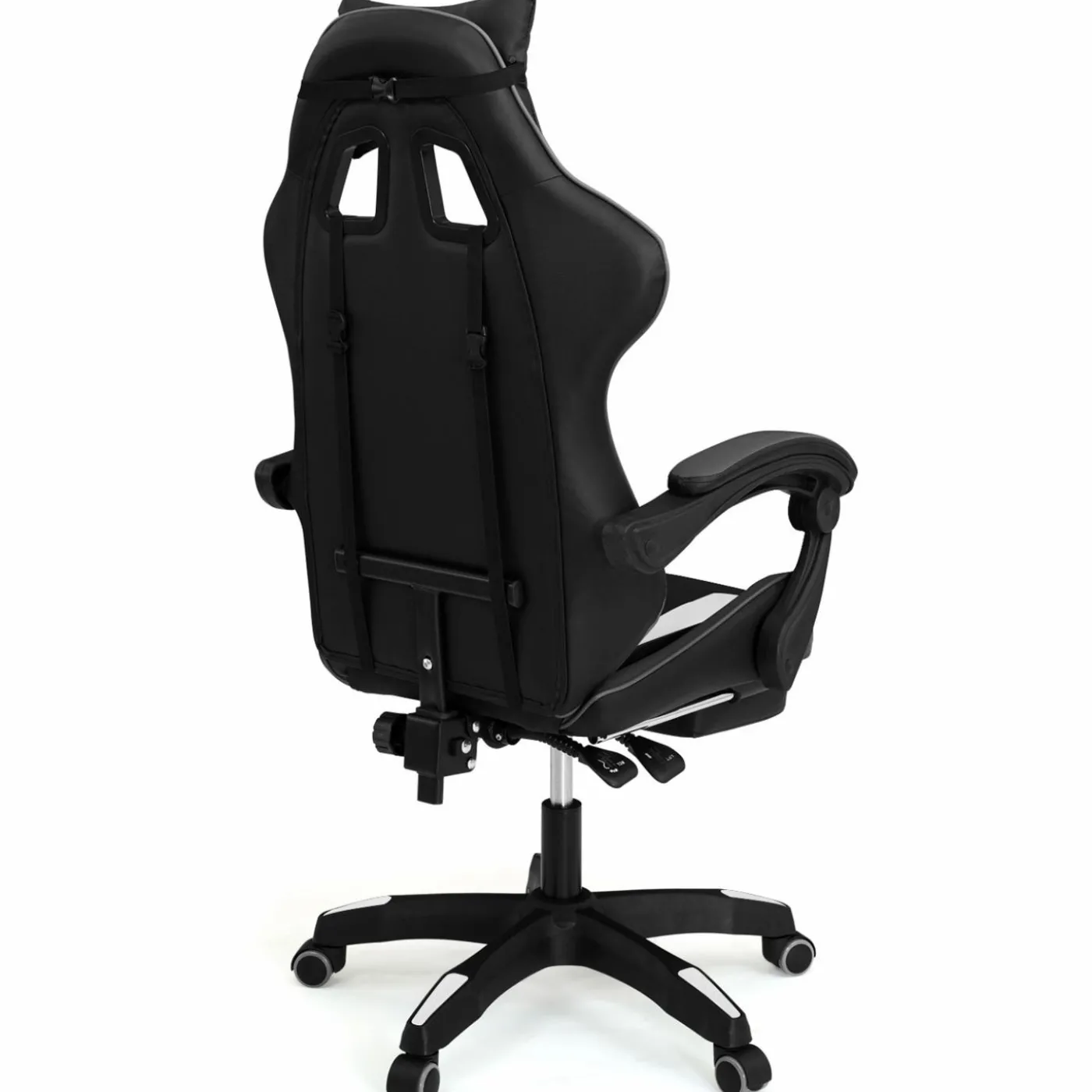 Fauteuil gamer réglable, inclinable avec repose-pied et coussins noir, blanc et gris