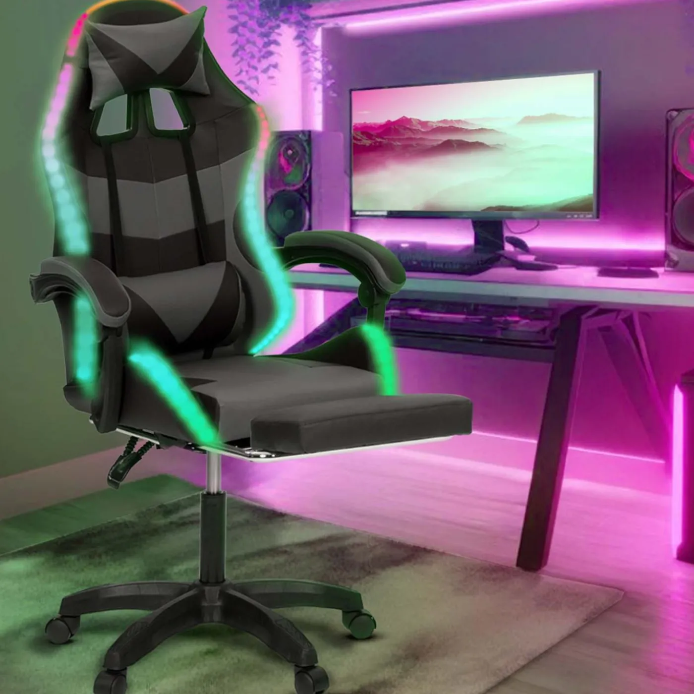 Fauteuil gaming LED noir et gris avec repose-pied, coussin tête + lombaire