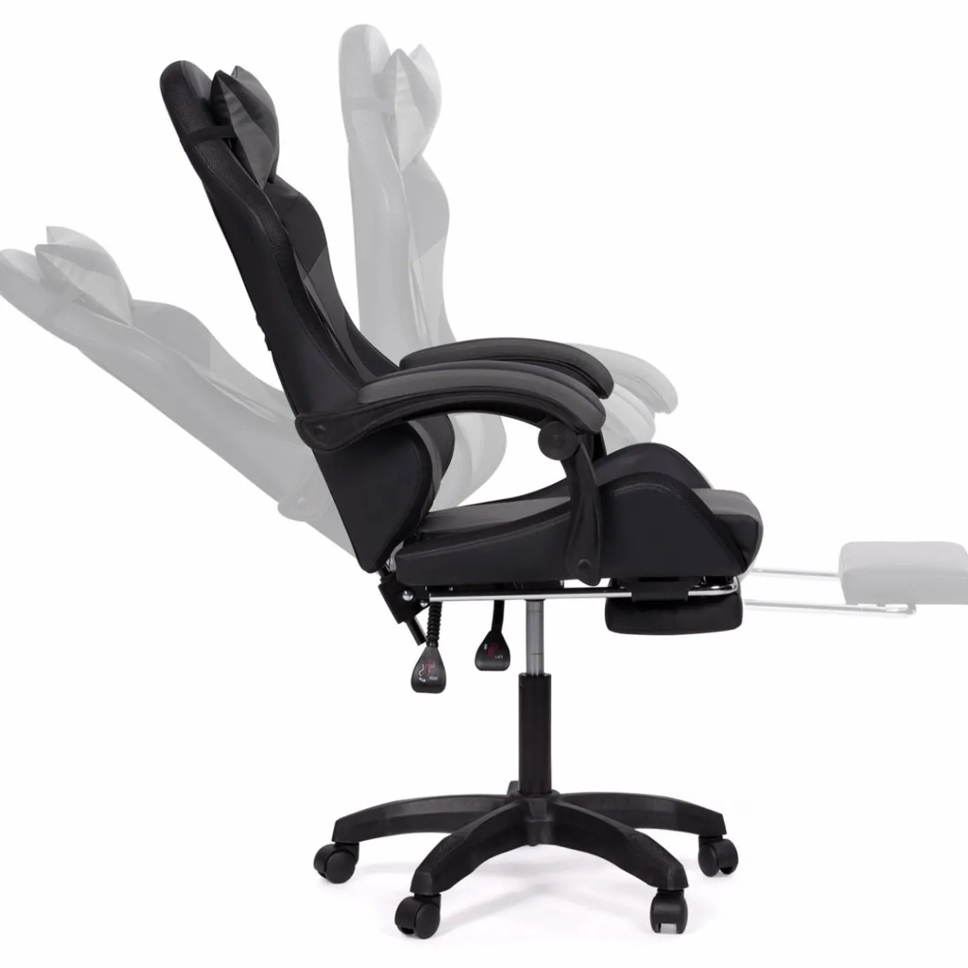 Fauteuil gaming LED noir et gris avec repose-pied, coussin tête + lombaire