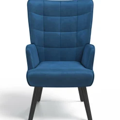 Fauteuil scandinave en velours bleu avec repose-pieds
