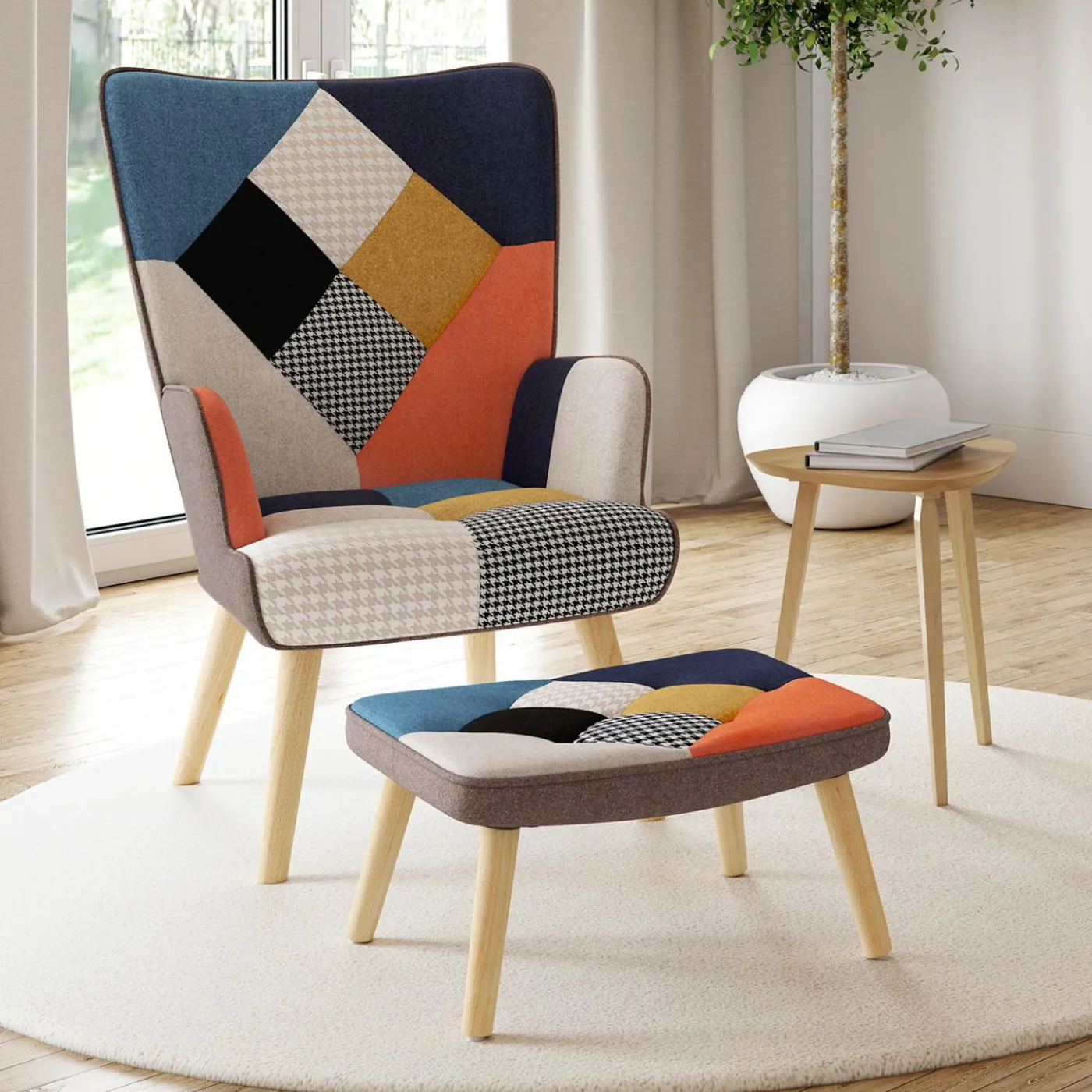 Fauteuil scandinave multicolore imprimé pied de poule avec repose pieds