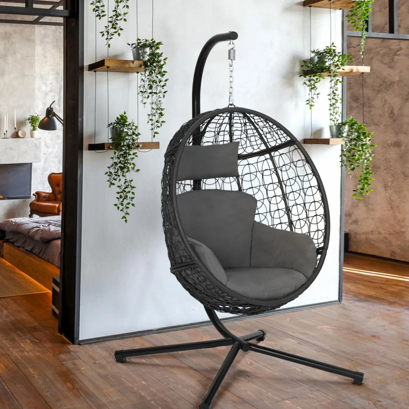 Fauteuil œuf suspendu avec coussins gris
