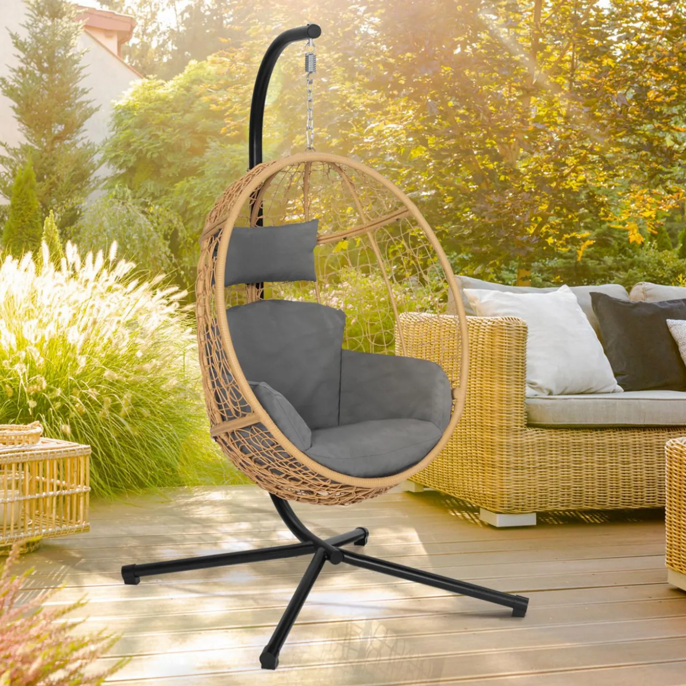 Fauteuil œuf suspendu effet rotin avec coussins gris