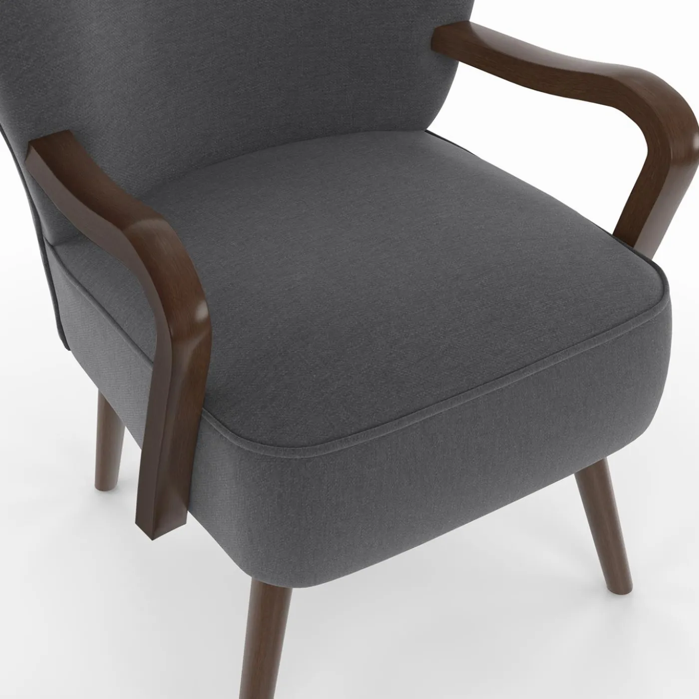 Fauteuil vintage gris avec pieds en bois foncé