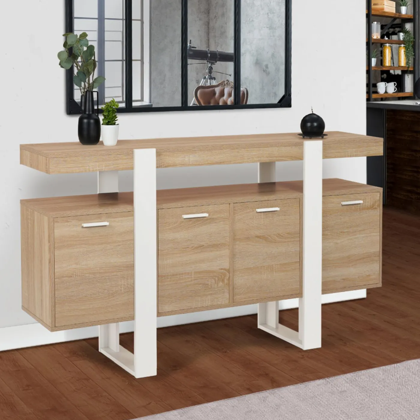 Grand buffet bois et blanc 160 cm 4 portes