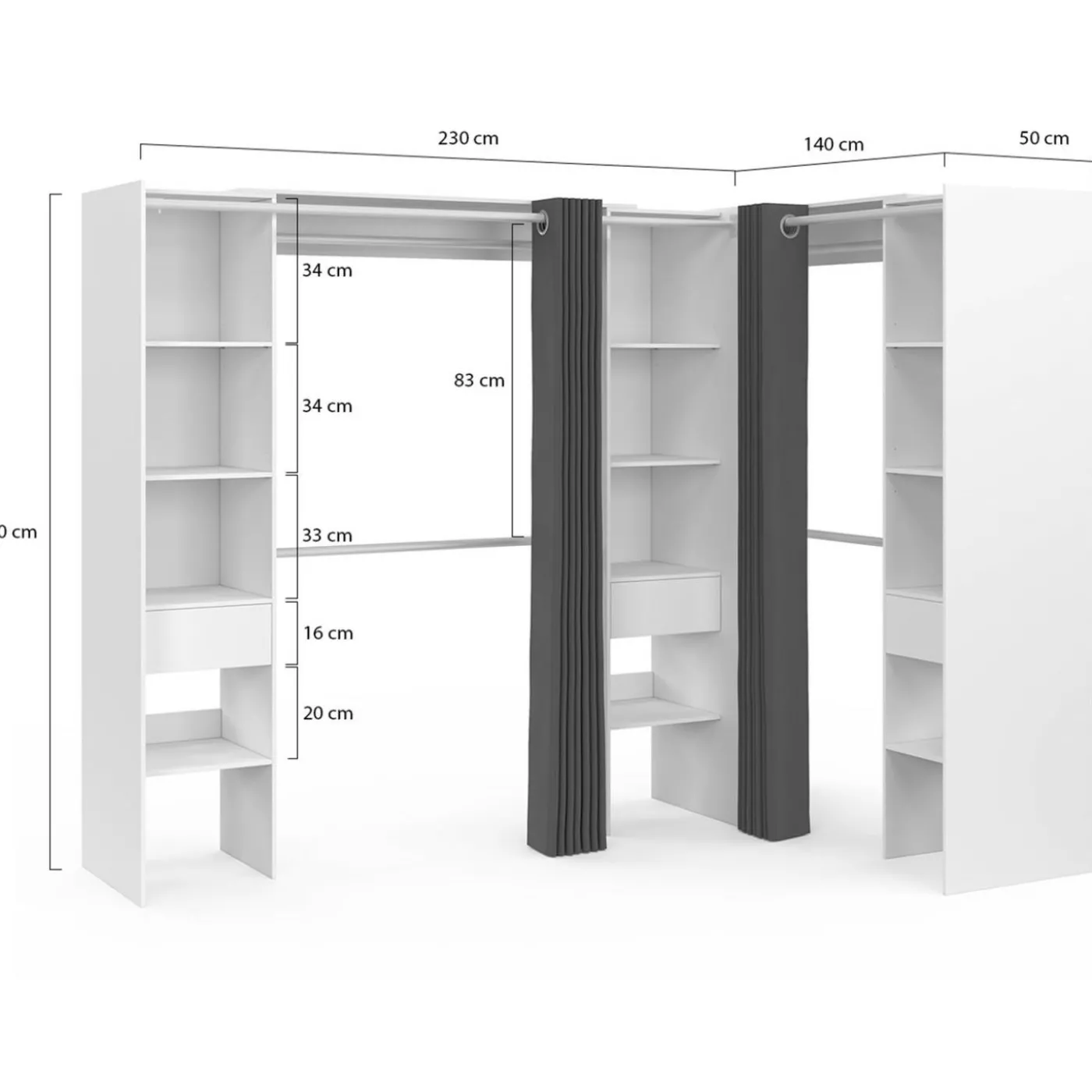 Grand dressing d’angle extensible 230x140x180 cm blanc