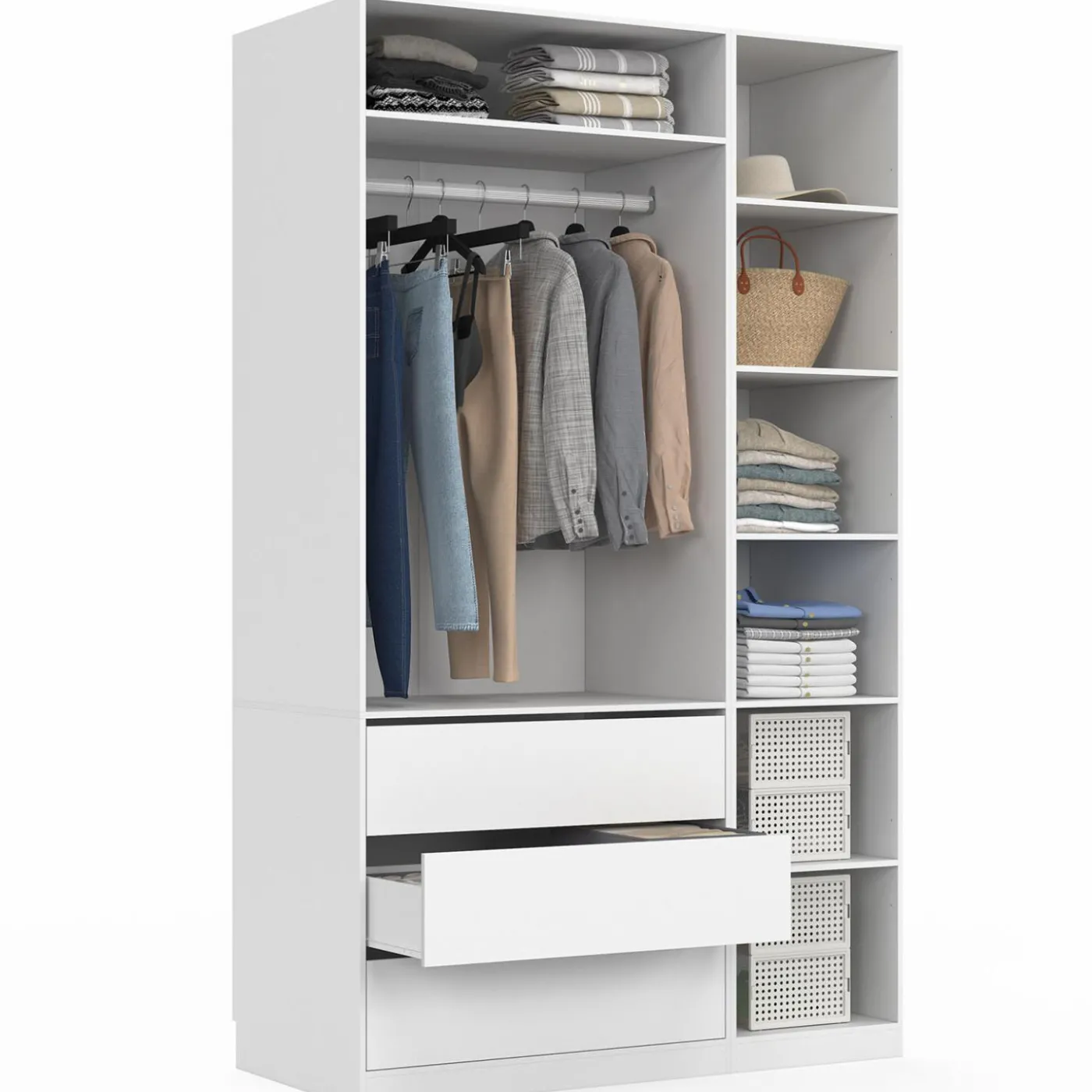 Grand dressing modulable blanc 200 cm avec 1 penderie, 7 étagères et 3 tiroirs