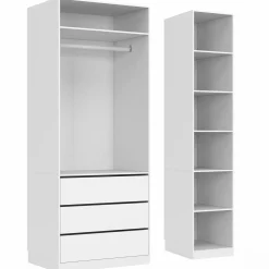 Grand dressing modulable blanc 200 cm avec 1 penderie, 7 étagères et 3 tiroirs