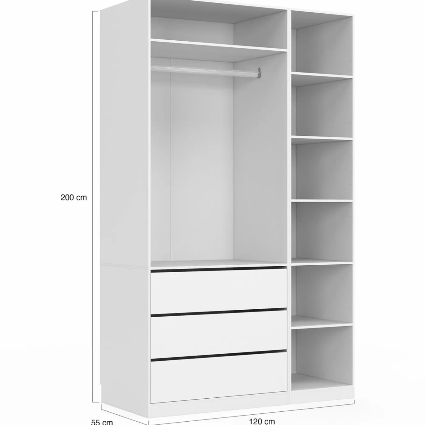 Grand dressing modulable blanc 200 cm avec 1 penderie, 7 étagères et 3 tiroirs