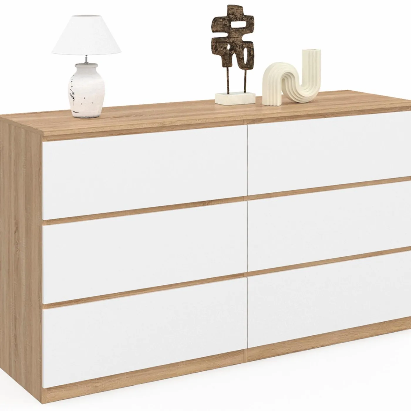 Grande commode 6 tiroirs façon hêtre et blanc