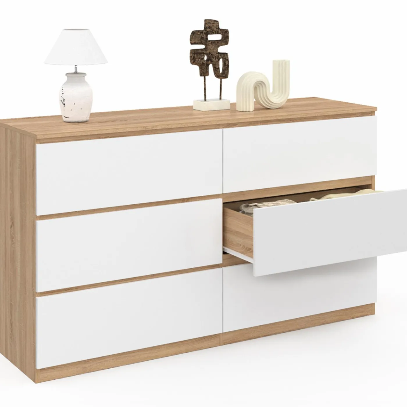 Grande commode 6 tiroirs façon hêtre et blanc