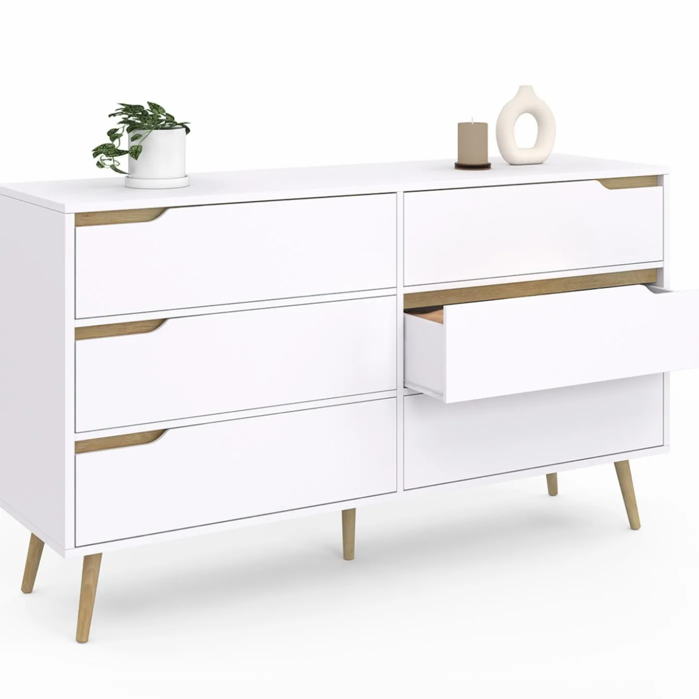 Grande commode blanche scandinave avec 6 tiroirs