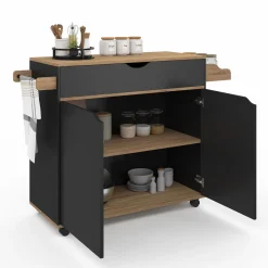 Grande desserte de cuisine noire et bois avec placard et tiroir