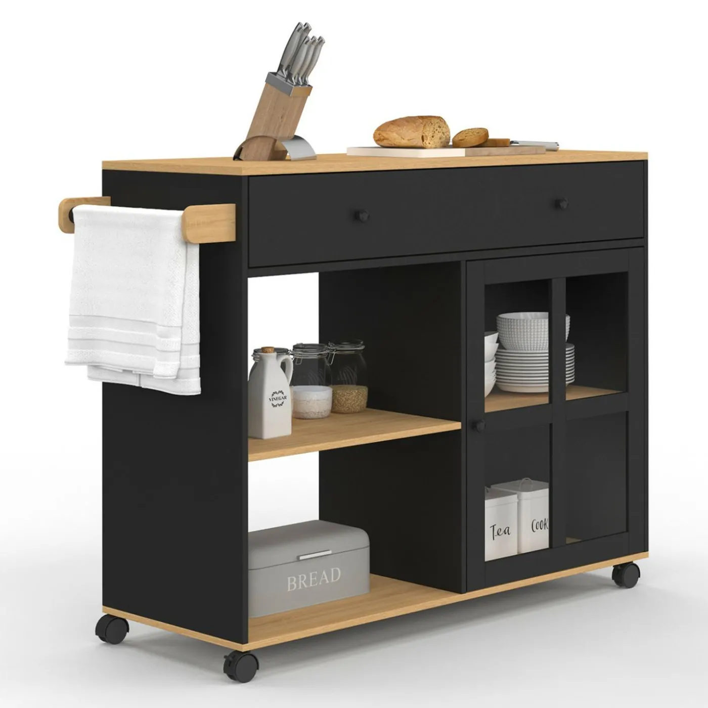 Grande desserte de cuisine avec placard vitré bois et noir