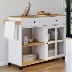 Grande desserte de cuisine avec placard vitré bois et blanc